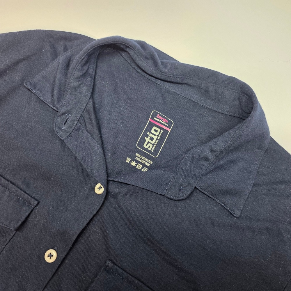 Stio Womens Navy Blue Short Sleeve Button Up Knit Shirt Style 1136 Size Large